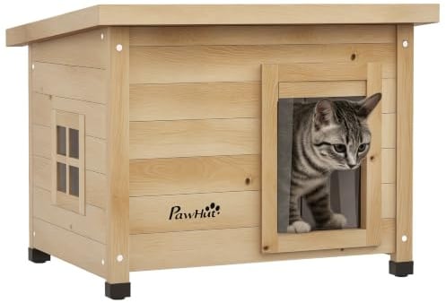 PawHut Katzenhaus aus Holz Outdoor Winterfest 57 x 45 x 43 cm Gelb | Wasserdicht, Katzenhütte, Asphaltdach, Fenster, Türvorhang, Erhöhte Katzenhöhle, Katzenkiste, für Draußen