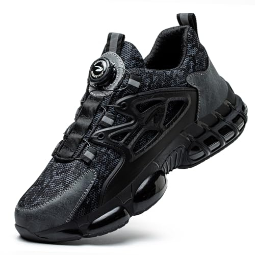 Gugifcto Sicherheitsschuhe Arbeitsschuhe Herren Damen Leicht Sportlich Atmungsaktiv Schnellverschluss Stahlkappen Anti-Smashing Mode Schutzschuhe Black 44 EU