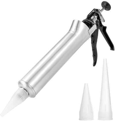 QWORK® Edelstahl Fugenpistole für Mörtel/Zement/Beton, Handmörtelpumpe Mörtelspritze mit 2 Kunststoffdüsen, 1 zusätzlicher Kolben, 1 Edelstahl Mörtel Löffel