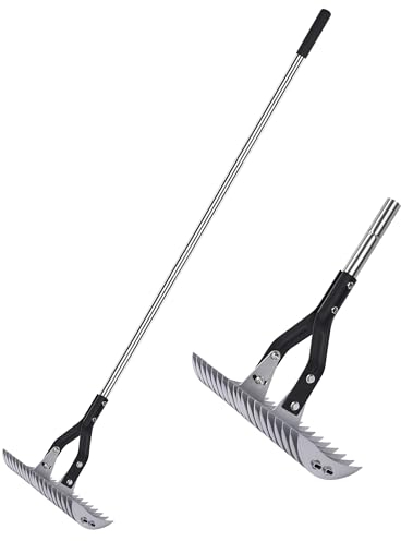 YEELOR Rastrello per paglia – Rastrello da 38,1 cm con manico regolabile, rastrello regolabile per erbacce, rastrello in metallo resistente per rimuovere l'erba morta, pettinare il prato e aerare il