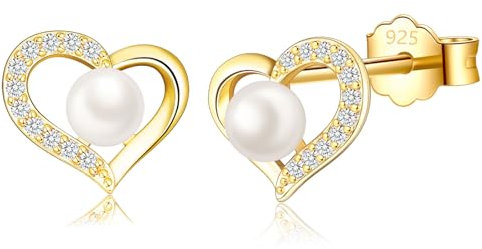 Perlenohrringe Silber 925, Silber Perlenohrstecker, goldene Perlen Ohrringe Herz Ohrstecker mit Süßwasserperlen für Damen Frauen Mädchen