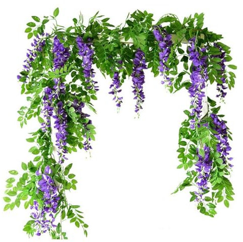 Koorium® 2Pcs Artificial Wisteria Vine Garland Plants Foliage Flower Hanging Flower Outdoor for Wedding Party Home Garden Wall Decoration, Purple