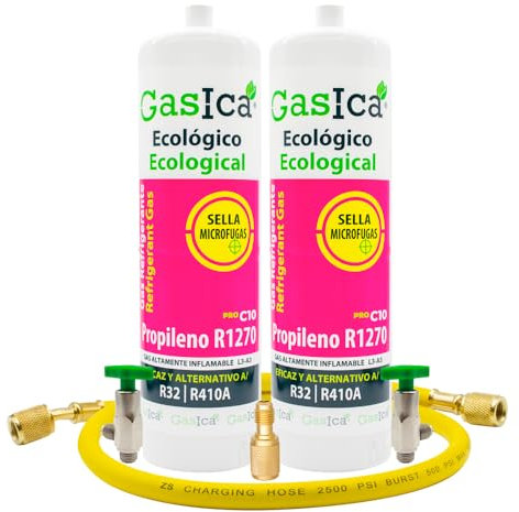 Ralertreik Gaz réfrigérant gazique C10 compatible avec R32 R410A valve incluse (2 bouteilles + tuyau + adaptateur)