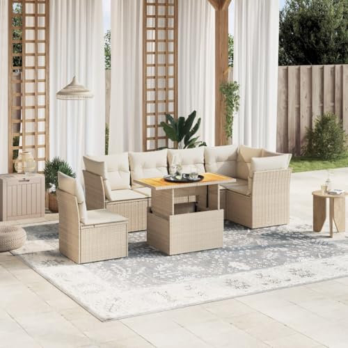ShGaxin 7-TLG. Garten-Sofagarnitur mit Kissen Beige Poly Rattan, Balkonmöbel Set, Gartenmöbel Set, Gartenlounge Set, Terassenmöbel, Loungemöbel Terrasse - 3270855