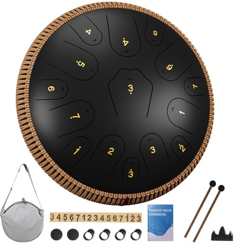 Steel Tongue Drum - 14 Zoll 15 Noten Zungentrommel für Erwachsene - Hand Pan Drum mit Notenbuch, Handpan Drum Schlägel und Tragetasche, C-Dur (Schwarz)