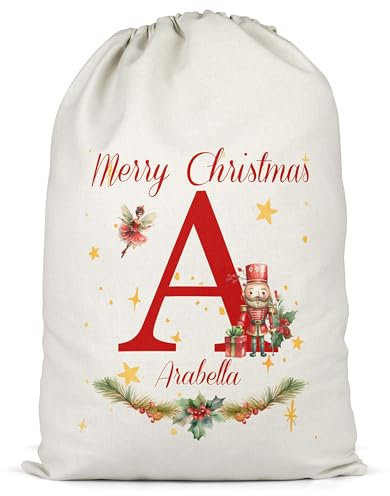 Purple Print House Christmas Nutcracker Present Sack For Kids Personalised Name and Initial Festive Santa Boys Girls Xmas Gift Bag, L, White