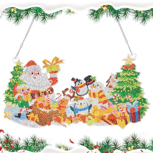 JSRQT Adorno Colgante Pintura Diamantes de Navidad, Colgante Pintura Diamantes Pegados 5D para Adultos y Niños, Kit Diamond Art Painting Pendant con Cadena para Decoración de Puertas Ventanas Paredes