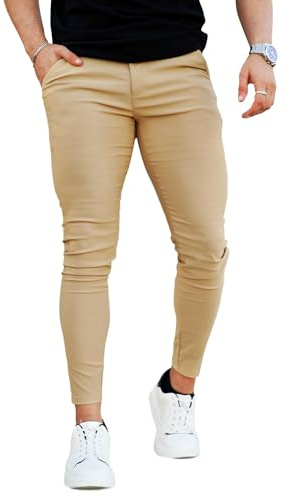 GINGTTO Mens Skinny Chino Trousers Stretch Slim fit Tapered Pants Comfort Chinos for Men UK with 5-Pocket Khaki 32 Waist 28 Leg
