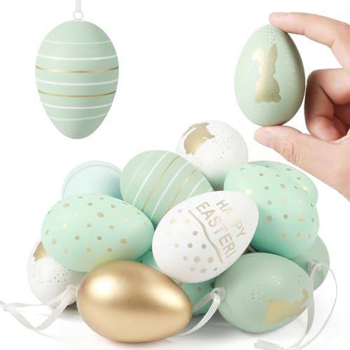 Ostereier zum Aufhängen aus Plastik, 24 Stück Ostereier Plastik mit Schnur, Deko Ostereier für Draußen&Garten,Gold, Hellblau, Hellgrün Hängedeko für Outdoor und Indoor, Größe: 6 cm, Kunststoff-Eier