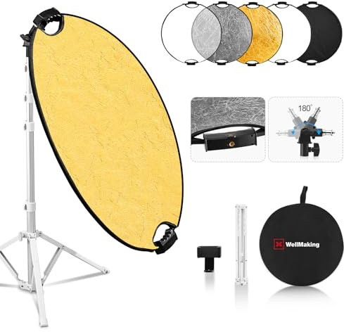 WELLMAKING 80 cm 5-in-1 zusammenklappbarer Fotoreflektor inkl. Neigungsadapter, tragbarem Ständer & Tasche. Ideal für Studio & Outdoor. Farben: transparent, Silber, Gold, Weiß, Schwarz