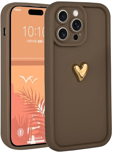 Aleviker Cute Brown 3D Golden Heart Case for iPhone 13 Pro | Soft Shockproof Slim Protective Silicone Phone Cover for Women Girls