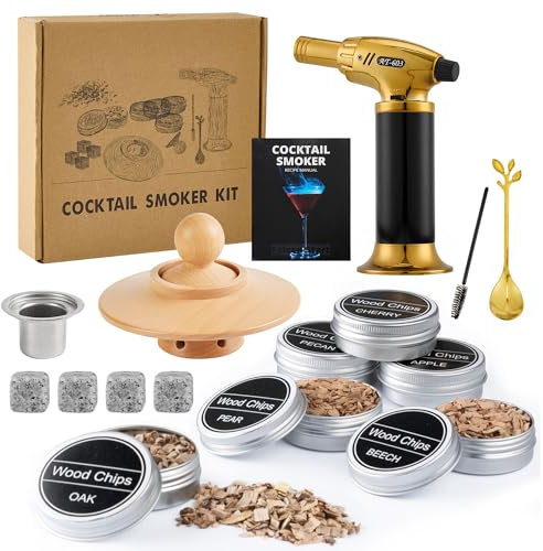 Jettory Kit Fumoir à Cocktail – Fumoir à Whisky avec 6 Types de Bois et Lampe de Poche – Accessoire pour Fumer Cocktails et Spiritueux – Sans Butane (vendu séparément)