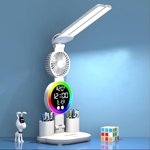 PCXWTLN LED Lamp with Clock, Eye-Caring Reading Light with RGB Ambient Light, Touch Control USB Rechargeable Desk Light with Adjustable Brightness for Study Office Bedroom Use, White [Energy Class E]