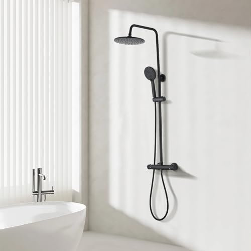 Columna de ducha termostática, sistema de ducha termostático 38°C, con cabezal de ducha redondo de ABS, ducha de lluvia regulable en altura, negro