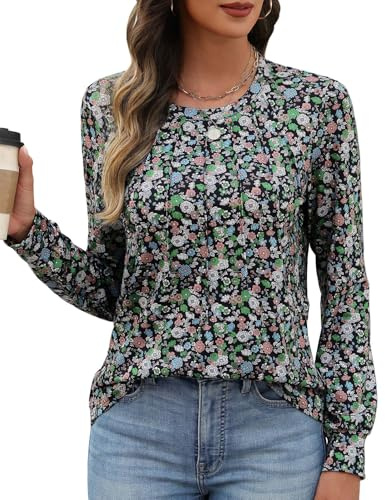 PASUDA Maglietta Donna Maniche Lunghe Cotone T-Shirt Elegante Camicia con Girocollo Stampa Tee Magliette Casual Moda Shirt Blusa Tee Tops