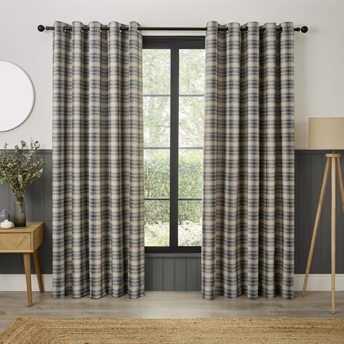 Curtina Everett Eyelet Curtains, Living Room, 229 x 229 cm, Grey, 100% Recycled Polyester, Light Filtering, Jacquard Woven, Checkered Pattern