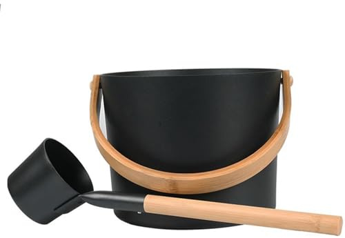 Sauna Bucket - Perr Sauuna Bucket in Wood | Metal Saauna Barrel | Bucket For Waterfall Sauna Shower | Aluminium Bucket With Long Handle Spoon Set Matching Ladle Saauna Barrel