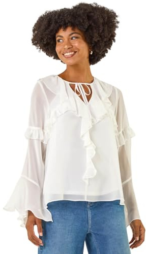 Roman Originals Ruffle Front V-Neck Satin Blouse for Women UK - Ladies Everyday Autumn Winter V-Neckline Comfy Soft Evening Vacation Work Party Night Out - Plain Ivory - Size 20