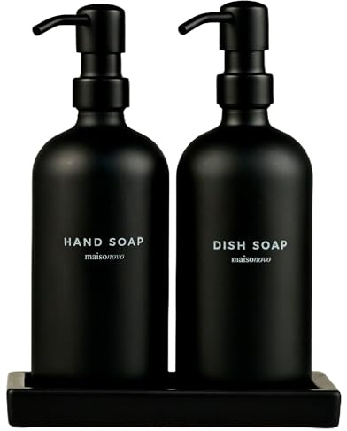 MaisoNovo Black Soap Dispenser Bathroom - Soap Dispenser Set with Black Soap Dispenser, Black Pumps & Ceramic Tray