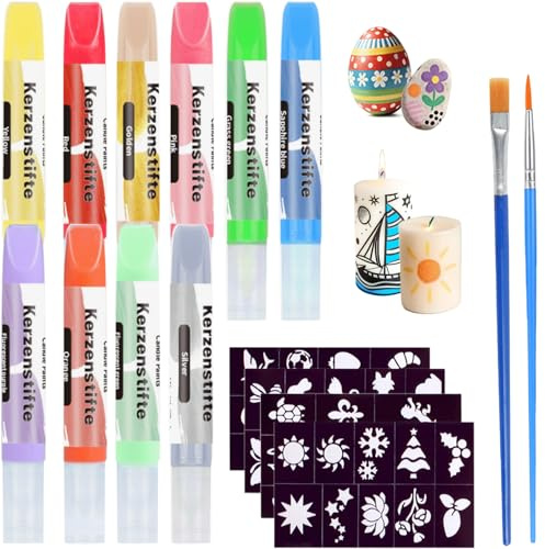 Canollo 8 Farben Stück Kerzenstifte, Kerzen Bemalen Set, 10ml Wachsstifte für Kerzen, mit Kerzenhohlschablone und Pinseln, Kerzenfarbe Kerzenmalstifte für Kerzens Dekorieren und Gestalten