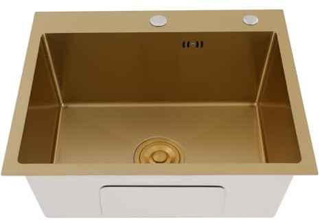 Fregadero de cocina dorado con escurridor, acero inoxidable 304, juego de fregadero, para cocinas domésticas, restaurantes, tiendas de postres, cafés, 55 x 45 x 22 cm
