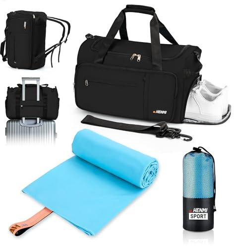 HENMI Sport-Set: 43L Sporttasche(Schwarz) mit Schuhfach & Schnelltrocknendes Mikrofasersporthandtuch (Blau,40x80 cm) – Gymbag und Handtuch Bundle für Sport, Training, Fitness, Reise