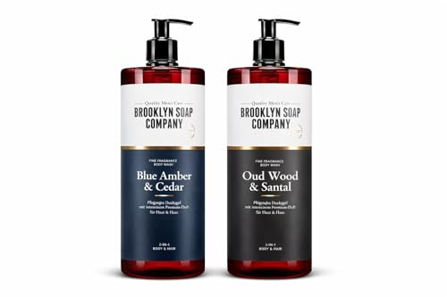 Brooklyn Soap Company Duschgel Männer Bundle – 2x 1L Body Wash (Oud Wood & Santal, Blue Amber & Cedar) – 2-in-1 Duschgel für Haut & Haare – Shower Gel Herren