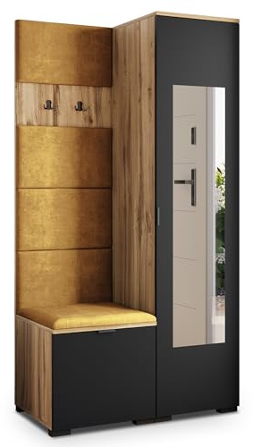 Masseno Flugarderoben Set VIRA, Kleiderschrank-Set mit Spiegel und Sitzbank, Garderobenschrank Flur mit 3 Regalböden, Eiche Wotan/Schwarz