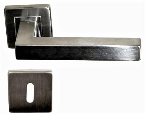 Paire de poignées de Porte COLETTE sur Rosaces Carrées - Inox 304, Finement Satiné. Section béquille : 20 x 10 mm - +1 Paire de rosaces à trou de clé
