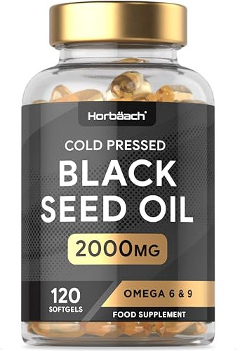 Black Seed Oil Capsules 2000mg | 120 Count | Cold Pressed Nigella Sativa Supplement with Omega 6 and 9 | No Artificial Preservatives | by Horbaach