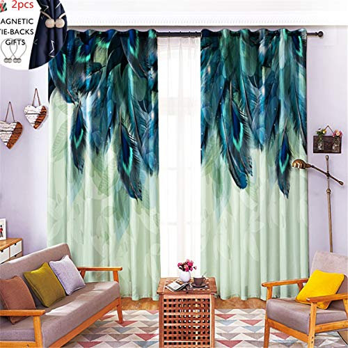 Vorhänge Blickdicht mit Ösen und Raffhalter, Morbuy 2er Set Gardinen Thermovorhänge Verdunklungsgardine Schlaufenschal Schlafzimmer Wohnzimmer Modern (117x138cm *2,Blaue Feder)