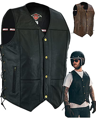 Texpeed motorrad leder weste herren - Chopper biker rocker lederweste - Reißverschlusstaschen mit geschnürt rindleder top-grain echtleder - Schwarz - (L)