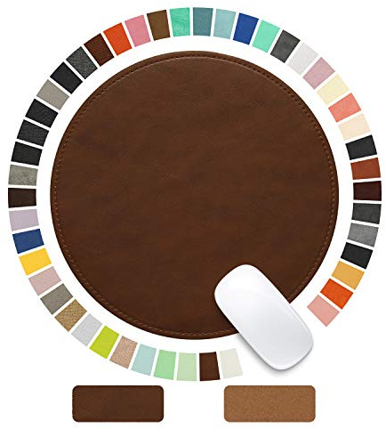 Tapis de souris rond, tapis de souris en cuir avec bords cousus en microfibre, antidérapant, imperméable, pour ordinateurs, ordinateurs portables, 22,9 x 22,9 cm (marron caramel foncé)