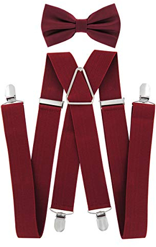 axy Hosenträger mit Fliege set für Herren 4 Stabile Clips X Form 3,5cm Breit (Weinrot)