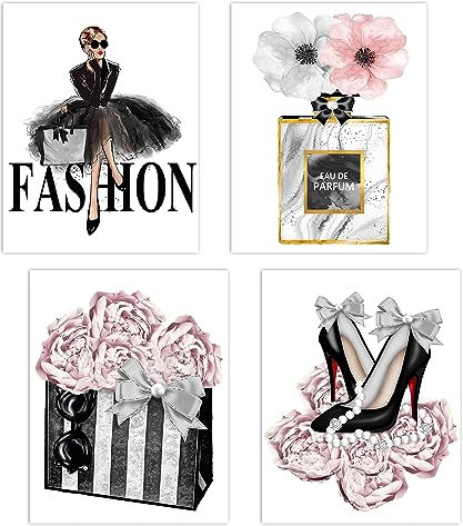 Lodintech Stampa artistica da parete su tela da donna, decorazione da parete per camera da letto delle ragazze, poster d'arte moderna con fiori rosa, borse profumate, stampe con tacchi alti, quadri da