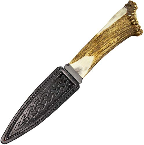 I LUV LTD Traditionell Sgian Dubh Damaststahl Hirschhorn Finish Lederhalter Hergestellt in Schottland