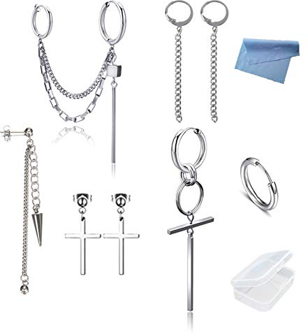 XHBTS 8 Stück Hip Hop Edelstahlrohr baumeln Ohrringe Kreis Clip auf Creolen Kreuz Ohrringe Klinge Drop baumeln Ohrringe für Frauen Männer mit Mini-Stoff und Mini-Box