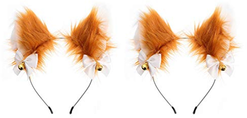 Lurrose 2 x Tier-Haarreif mit Fuchsohren und Glöckchen aus Kunstfell, Tierohren, Haarreifen, Katze, Hund, Fuchs, Cosplay, Kostüm, Schokolade für Halloween, Cosplay, Kostüm, Requisite