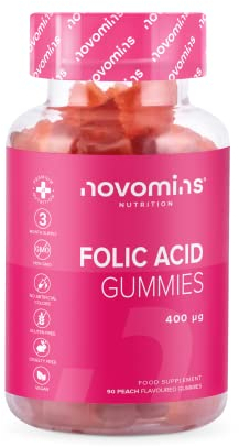 Gommes Acide Folique – 400 µg Vitamine B9 Hautement Dosée – Grossesse, Fertilité & Bien-être – Végétalien & Sans Gluten – Goût Pêche – 3 Mois d’Approvisionnement – Novomins
