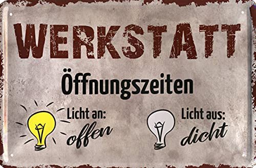 Deko Blechschild 20x30cm Werkstatt Öffnungszeiten Licht an: offen Licht aus: dicht