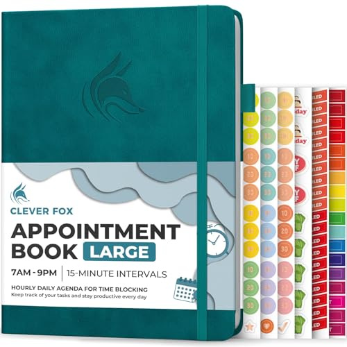 Clever Fox Appointment Book, 15-Minute Daily Planner, Undated Dark Teal | Large 21x28 cm, 15 minute increments, Hardcover ourly book with time slots for women & men, Weekly pages & monthly calendars