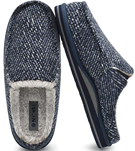ONCAI Hüttenschuhe Herren Komfort Plüsch Pantoffeln Streifen Plantarfasziitis Hausschuhe Wärme Flauschig Slippers mit Memory Foam Rutschfest Gummisohle Blau Größe 43