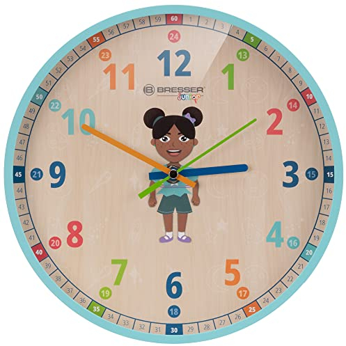 Bresser Junior Kinder-Wanduhr - lautlos - mit Flora, Luna oder Lukas Family auf dem farbenfrohen 25-cm-Ziffernblatt, Blau