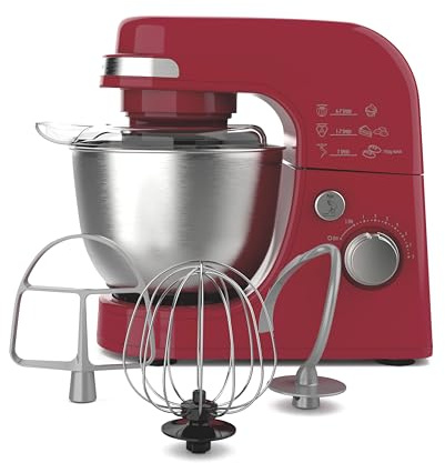 Hamilton Beach Batidora eléctrica de soporte, 4 cuartos de galón, gancho para masa, accesorios para batidor plano, protector contra salpicaduras de 7 velocidades con batidor, color rojo