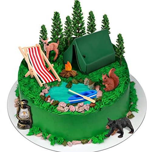 16 Pcs Camping Cake Topper Camp Decor Set Camping Party Decorations Camping Birthday Party Supplies Camping Cake Decorations Camp Cake Topper Include Tent Campfire for Kids Camper Forest Theme Party