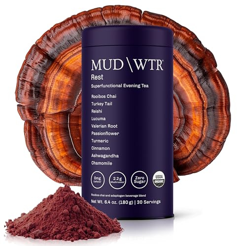 MUD\WTR Rest Evening Mushroom Blend Powder | 2,240mg Adaptogenic Mushroom Tea | Sleep Support, Wind Down & Relaxation Tea | USDA Organic & Vegan | Turkey Tail, Reishi, Ashwagandha | 30 Servings