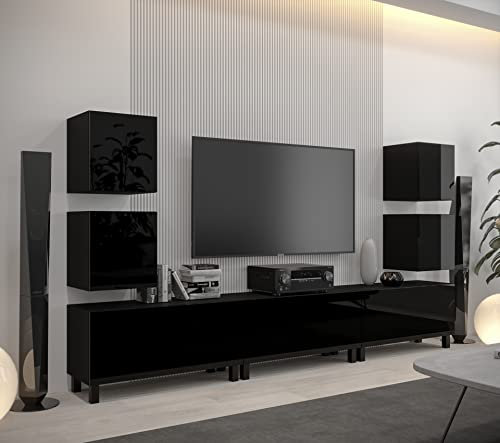 Furnitech Wohnwand Wohnzimmer | Hängend Wohnwand Modern | Wohnzimmer Schrankwand mit Regale und TV Schrank | Wohnzimmer Möbel ohne LED (AN107-21B-HG1)