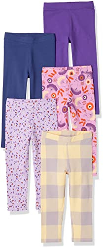 Amazon Essentials Legging Fille, Lot de 5, Bleu Foncé/Jaune Écossais/Lilas Tulipe/Violet/Violet Clair Folk Floral, 3 Ans