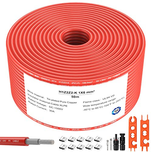 Solarkabel 50M 6mm² Solarpanel Verlängerungskabel IP68 Wasserdichtes Adaterkabel mit Buchsen- und Steckeranschluss-Rot