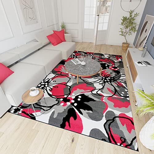 Mazovia Teppich Wohnzimmer 120x170cm Rot Anthrazit Florales Muster Weich | Teppich für Schlafzimmer Büro Esszimmer Eingangsbereich Pflegeleicht Fußbodenheizungsgeeignet Reinigungsmittelbeständig